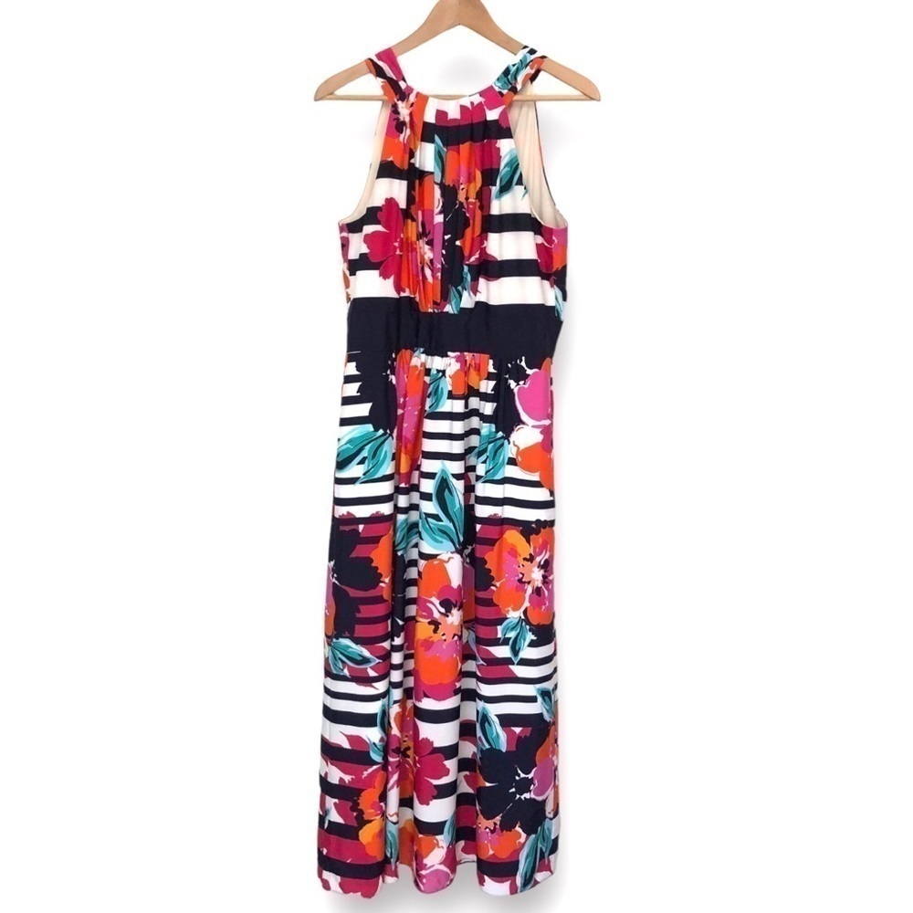 Striped Floral Maxi Dress - Black & Pink